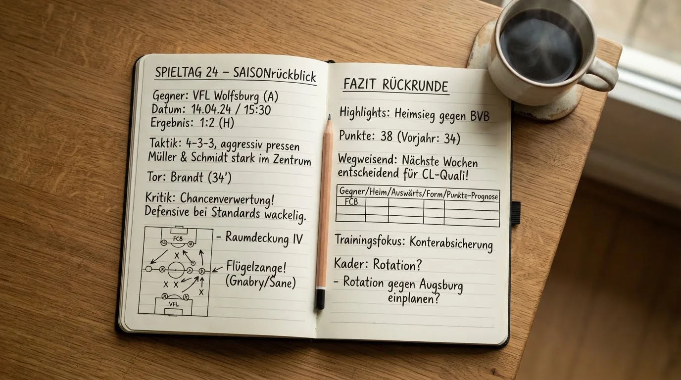 Ein aufgeschlagenes Notizbuch mit handschriftlichen Skizzen liegt neben einem Bleistift auf einem Holztisch, daneben eine Tasse Kaffee.