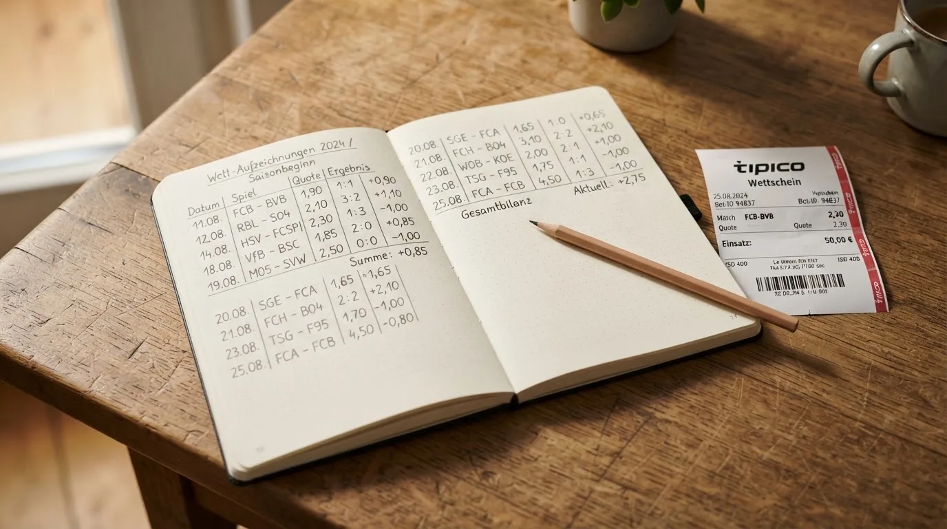 Ein Taschenrechner und ein Bleistift liegen auf einem Schreibtisch neben einem aufgeschlagenen Notizbuch mit handschriftlichen Zahlenreihen.