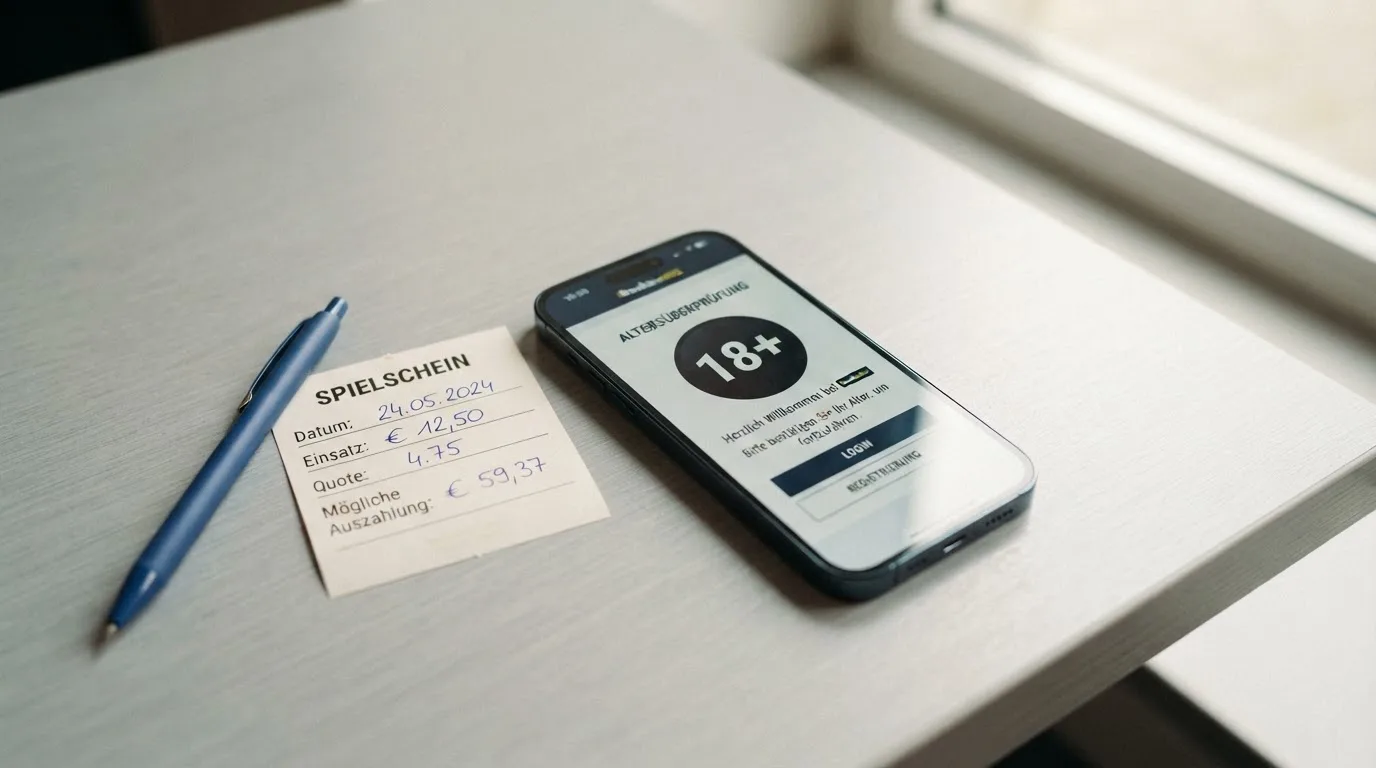 Ein leerer Papier-Wettschein liegt neben einem Smartphone mit dunklem Display auf einer hellen Tischplatte, daneben ein Kugelschreiber.