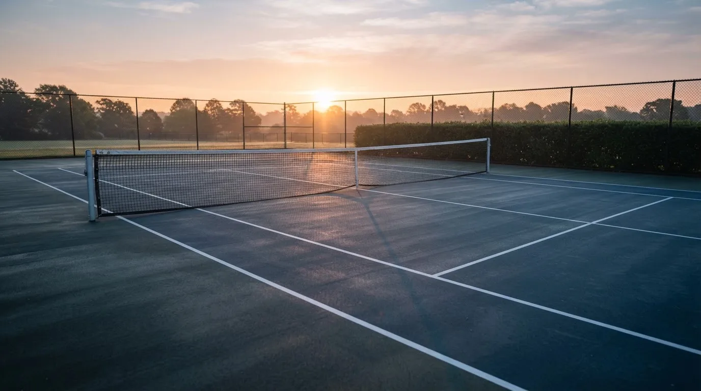 Ein Tennisplatz bei Sonnenaufgang, Netz und Grundlinien im weichen Licht, niemand ist zu sehen.