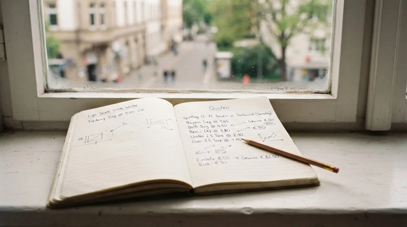 Ein aufgeschlagenes Notizbuch mit handschriftlichen Skizzen und ein Bleistift liegen auf einer Fensterbank im Tageslicht.