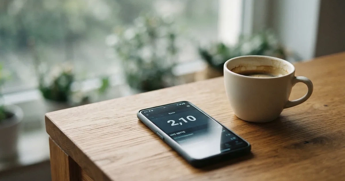 Ein Smartphone mit dunklem Display liegt auf einem Holztisch neben einer Tasse Kaffee, im Hintergrund ein unscharfes Fenster.