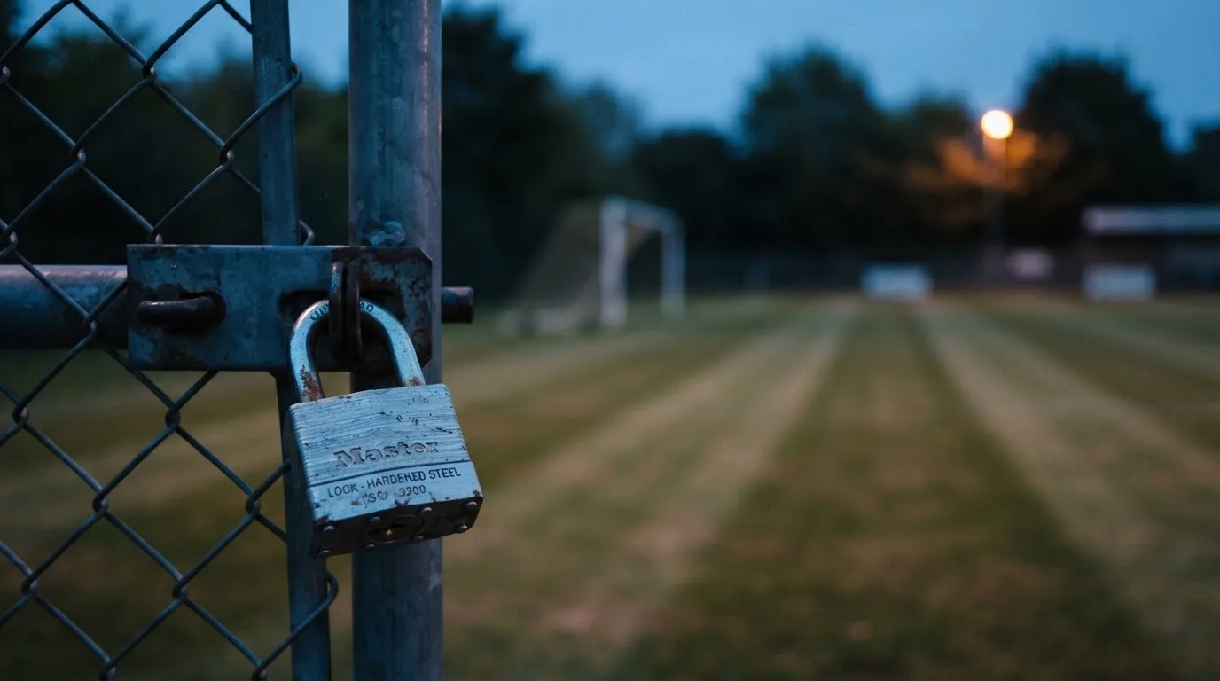 Ein Vorhängeschloss hängt an einem Metalltor, dahinter ein unscharfer Fußballplatz in der Dämmerung.
