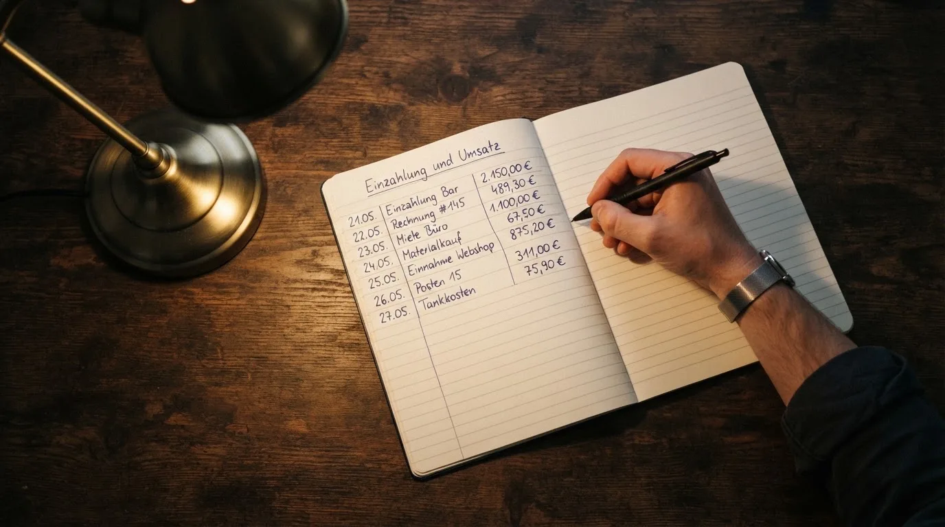 Ein Taschenrechner und ein Notizbuch mit handschriftlichen Zahlenreihen liegen auf einem Schreibtisch unter einer Lampe.