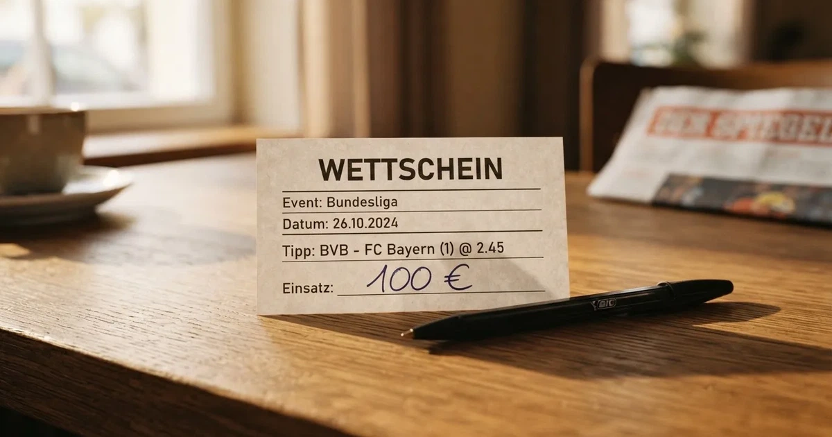 Ein leerer Papier-Wettschein und ein Kugelschreiber liegen auf einem Holztisch, daneben ein kleiner Stapel Münzen im Morgenlicht.