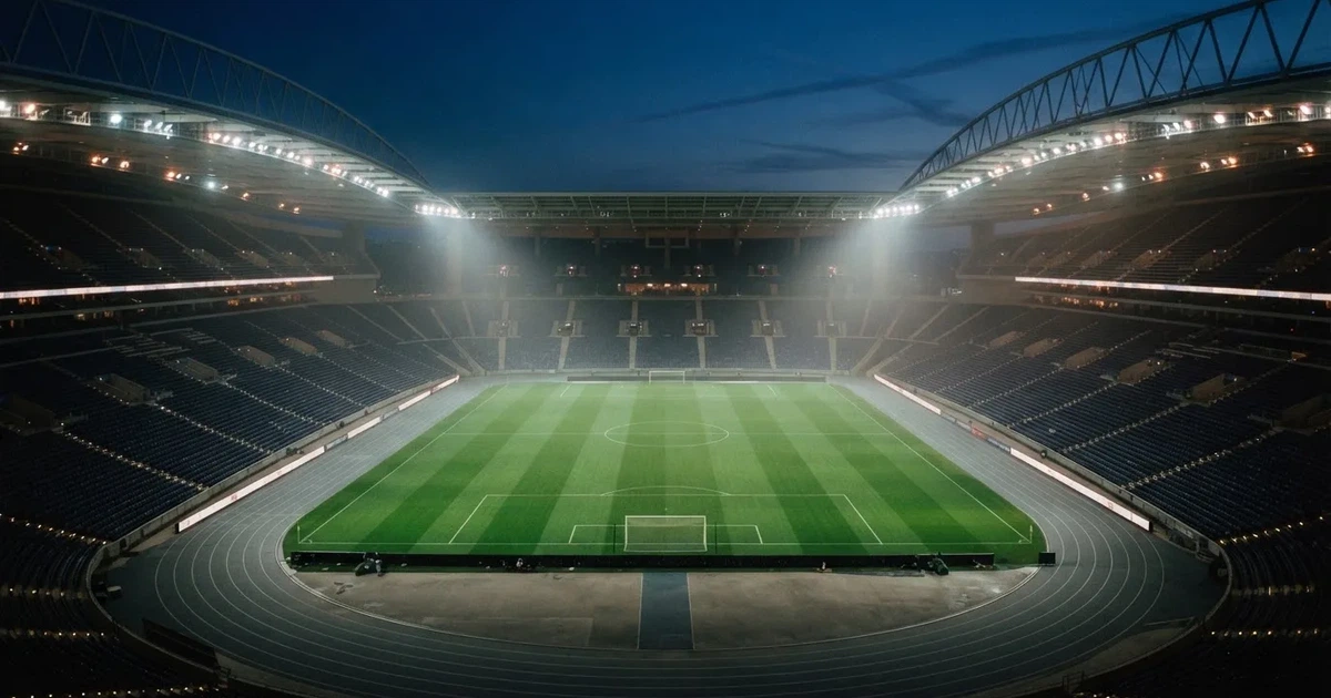 Ein leeres Stadion unter Flutlicht aus großer Entfernung gesehen, Dunst liegt über dem Rasen, die Tribünen sind nur als Lichtpunkte erkennbar.