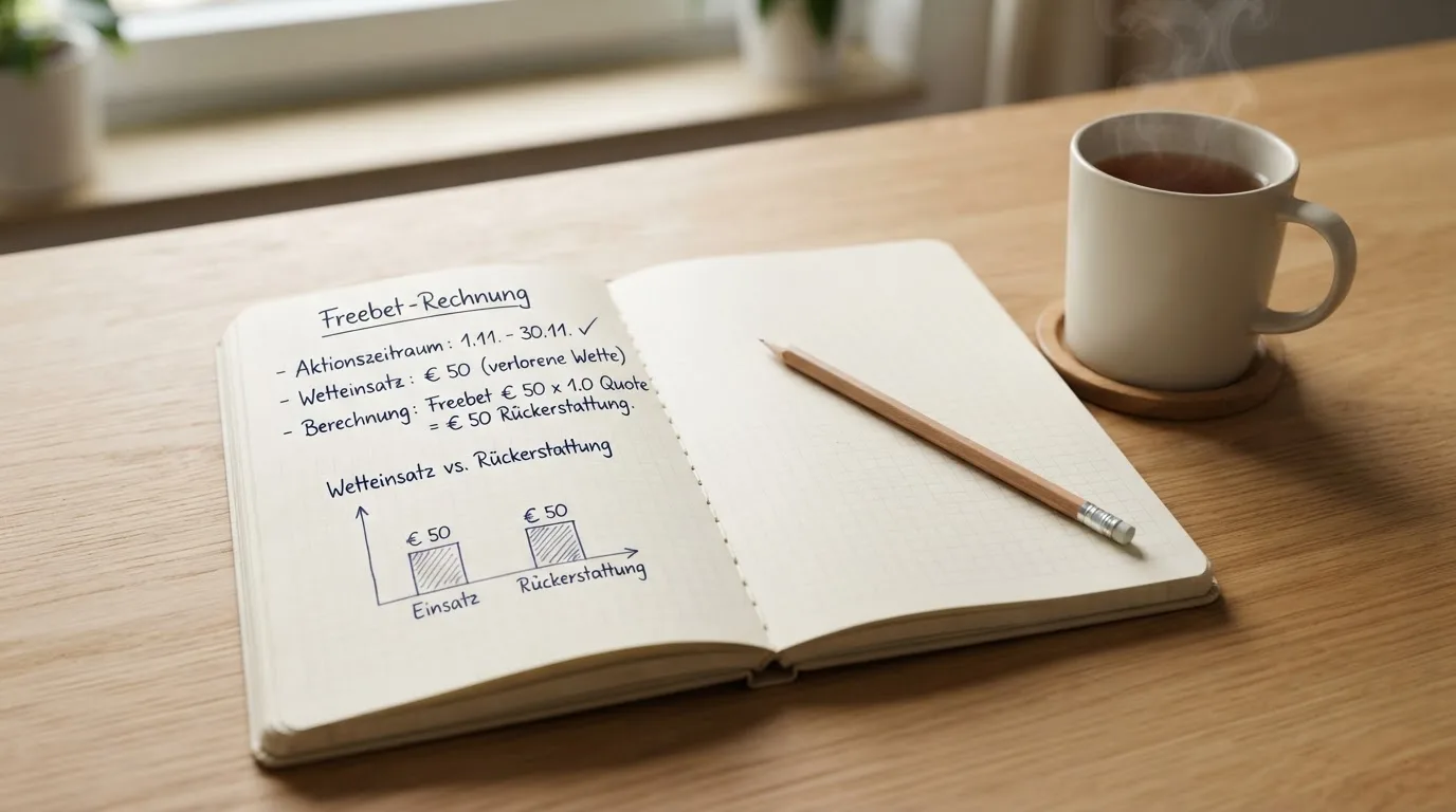 Ein aufgeschlagenes Notizbuch mit handschriftlichen Skizzen und ein Bleistift liegen auf einem Schreibtisch neben einer Tasse Tee.