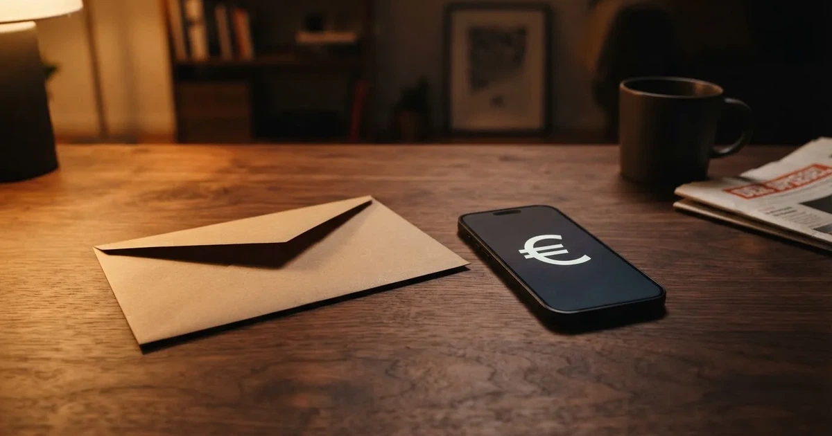 Ein leerer Umschlag und eine Münze liegen auf einer Tischplatte neben einem Smartphone mit dunklem Display.