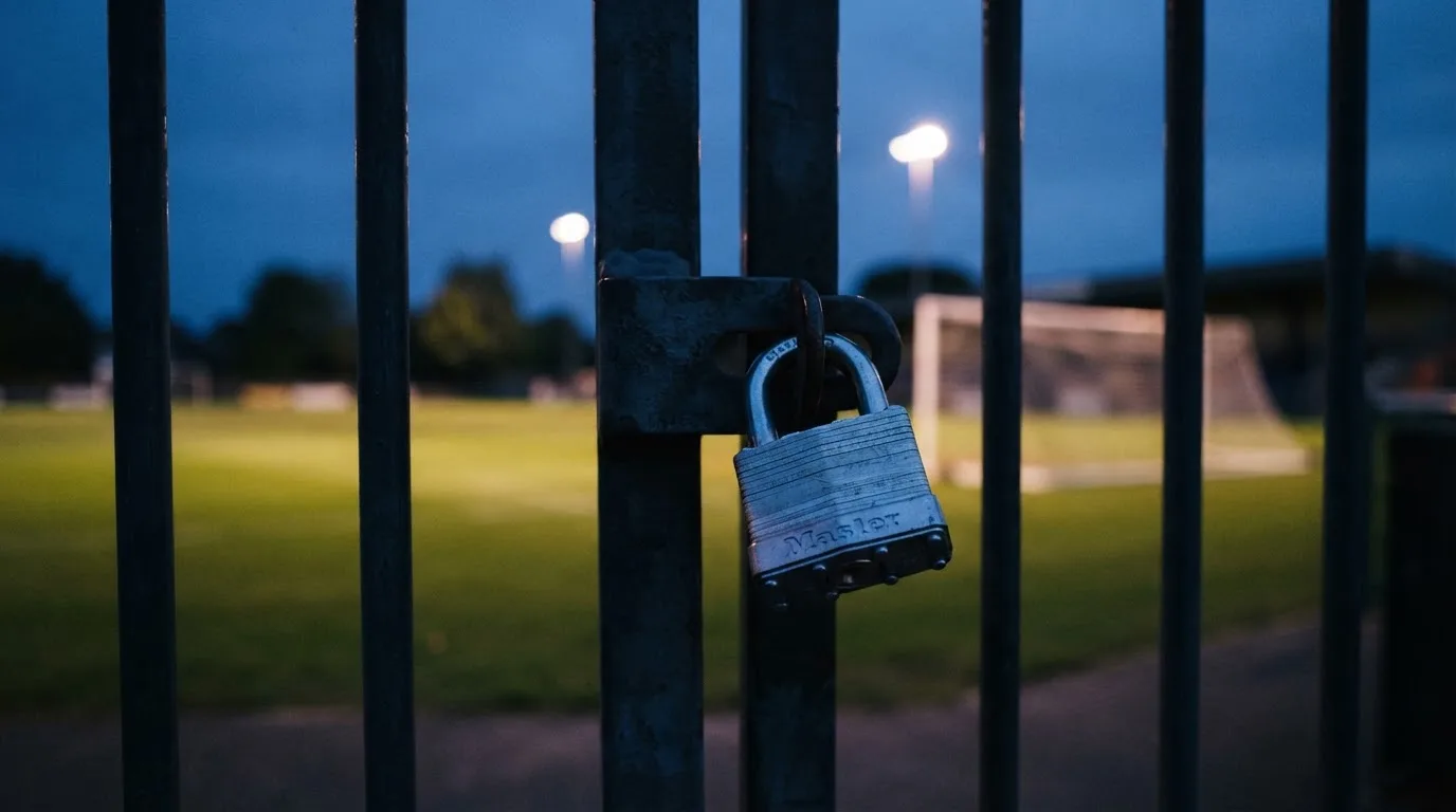 Ein Vorhängeschloss hängt an einem Metalltor in der Dämmerung, im Hintergrund unscharf ein Fußballplatz.