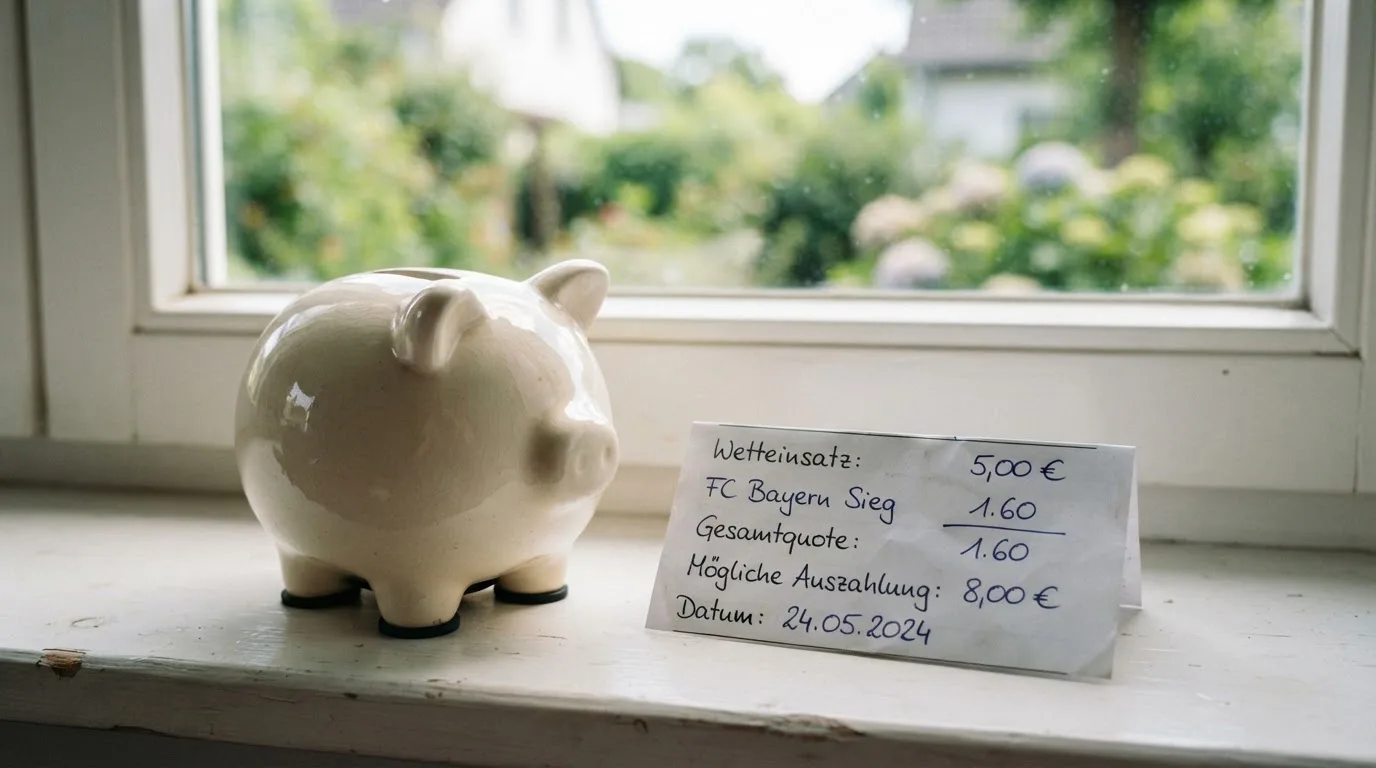 Eine kleine Spardose aus Keramik steht neben ein paar Euromünzen auf einem Fensterbrett im Tageslicht.