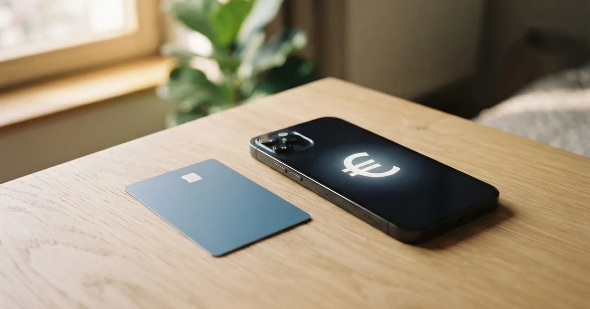 Eine Plastikkarte ohne Aufdruck liegt neben Münzen und einem Smartphone mit dunklem Display auf einem hellen Tisch.