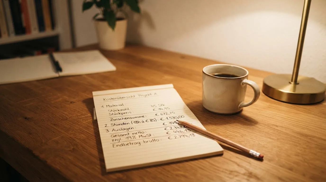 Ein Taschenrechner und ein Bleistift liegen auf einem Schreibtisch neben einer Tasse Kaffee im Licht einer Lampe.