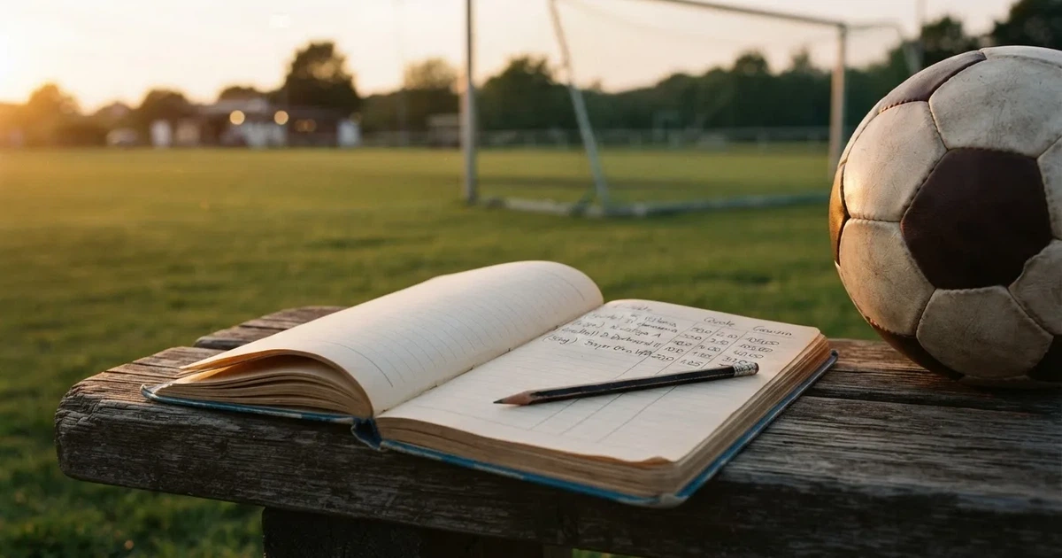 Ein Notizbuch mit handschriftlichen Zahlenkolonnen und ein Bleistift liegen neben einem Fußball auf einer Holzbank.