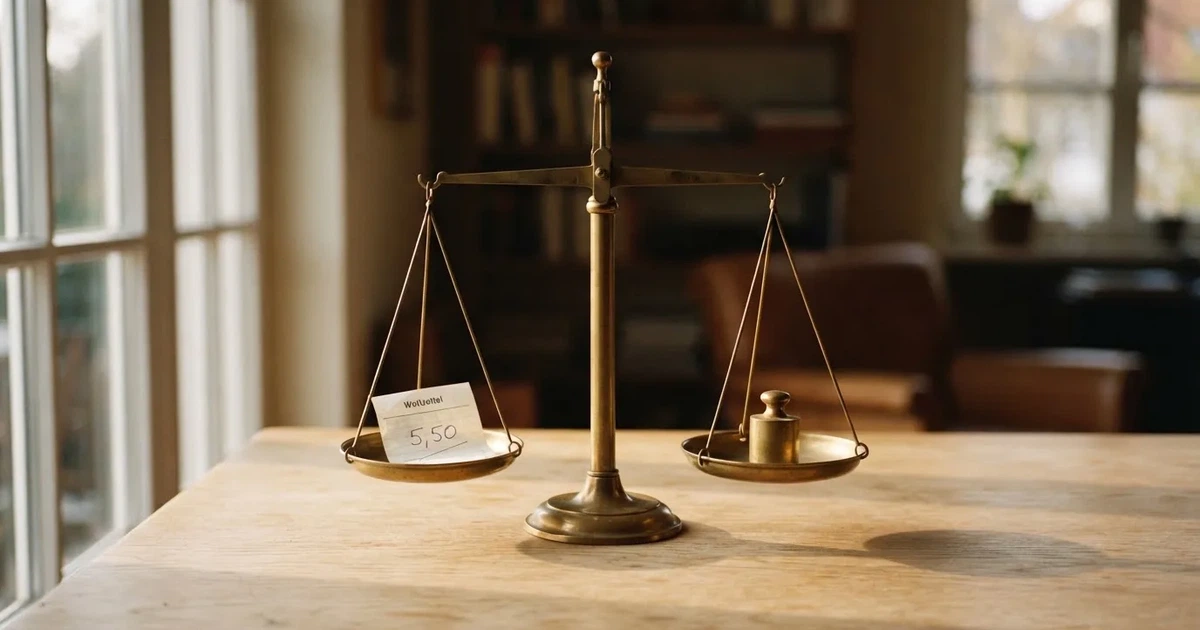 Eine Balkenwaage aus Messing steht im Gleichgewicht auf einem hellen Tisch, links und rechts liegt je eine Münze.