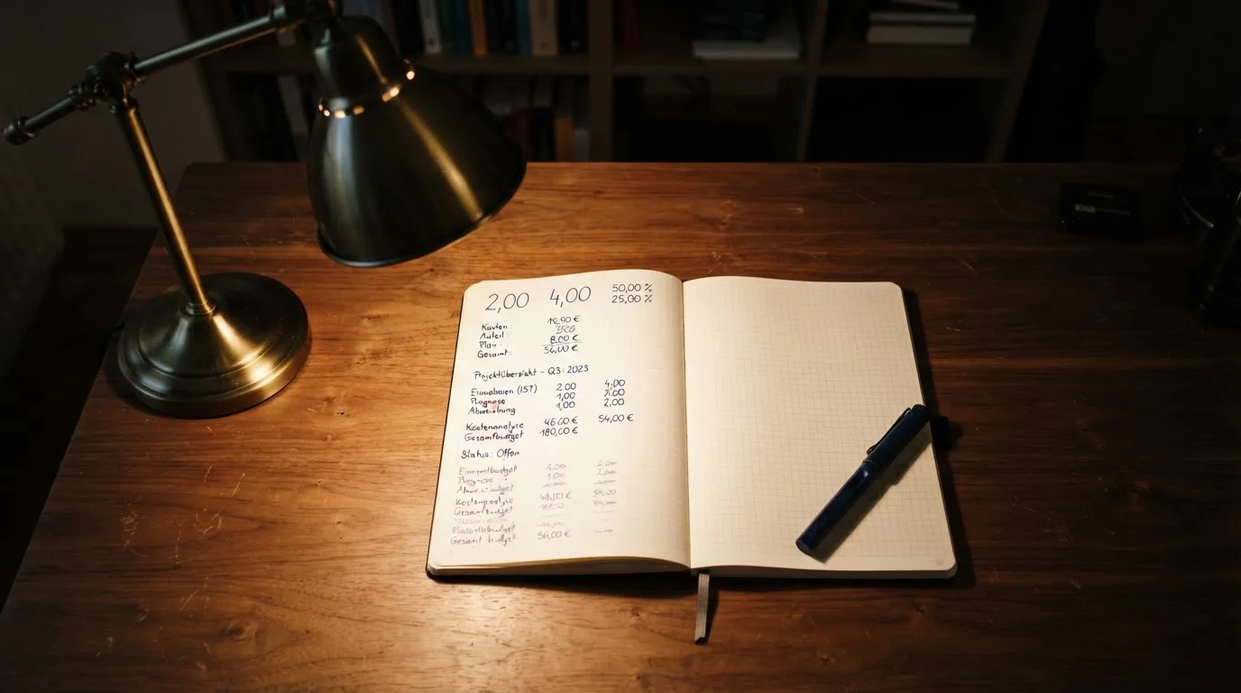 Ein Taschenrechner und ein aufgeschlagenes Notizbuch mit handschriftlichen Zahlenreihen liegen unter einer Schreibtischlampe.