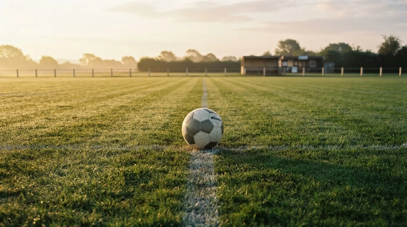 Ein Fußball liegt allein auf dem Anstoßpunkt eines leeren Rasenplatzes im Morgenlicht, am Rand ein niedriger Zaun.