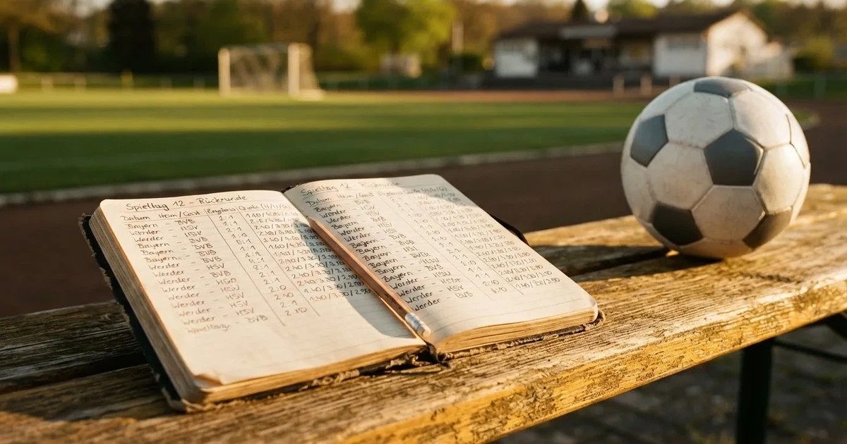 Ein Notizbuch mit handschriftlichen Zahlenkolonnen und ein Bleistift liegen neben einem Fußball auf einer Holzbank.
