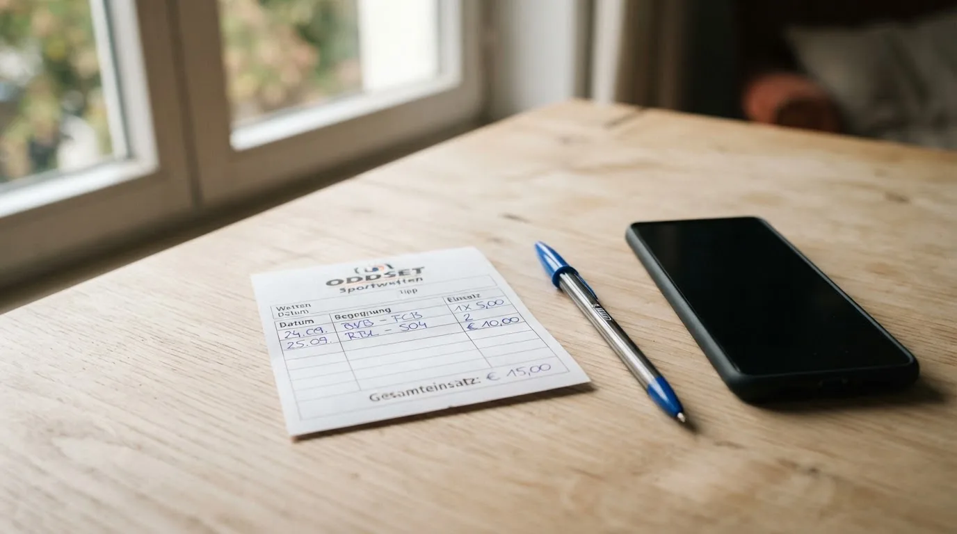 Ein leerer Papier-Wettschein und ein Kugelschreiber liegen neben einem Smartphone mit dunklem Display auf einem Tisch am Fenster.