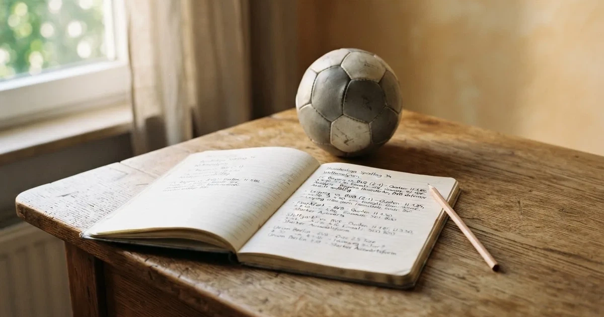 Ein Notizbuch mit handschriftlichen Notizen und einem Bleistift liegt auf einem Holztisch, daneben ein kleiner Fußball im weichen Tageslicht.