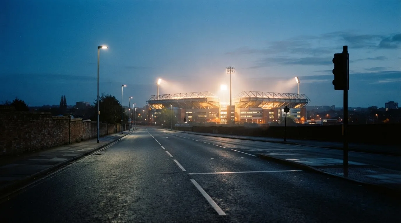 Ein Stadion unter Flutlicht aus der Ferne gesehen, davor eine leere Straße in der Abenddämmerung mit leichtem Dunst.