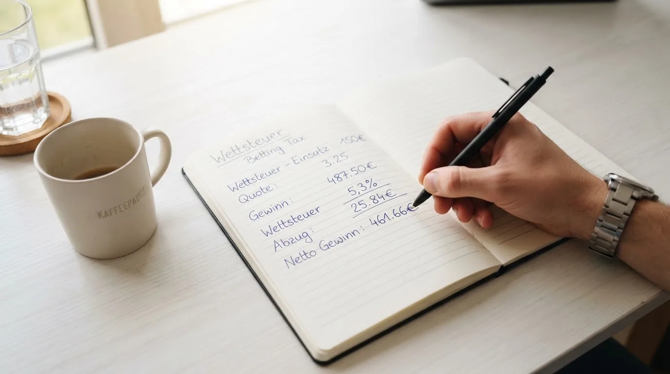 Ein Notizbuch mit handschriftlichen Rechnungen und ein Taschenrechner liegen auf einem hellen Schreibtisch neben einer Kaffeetasse.