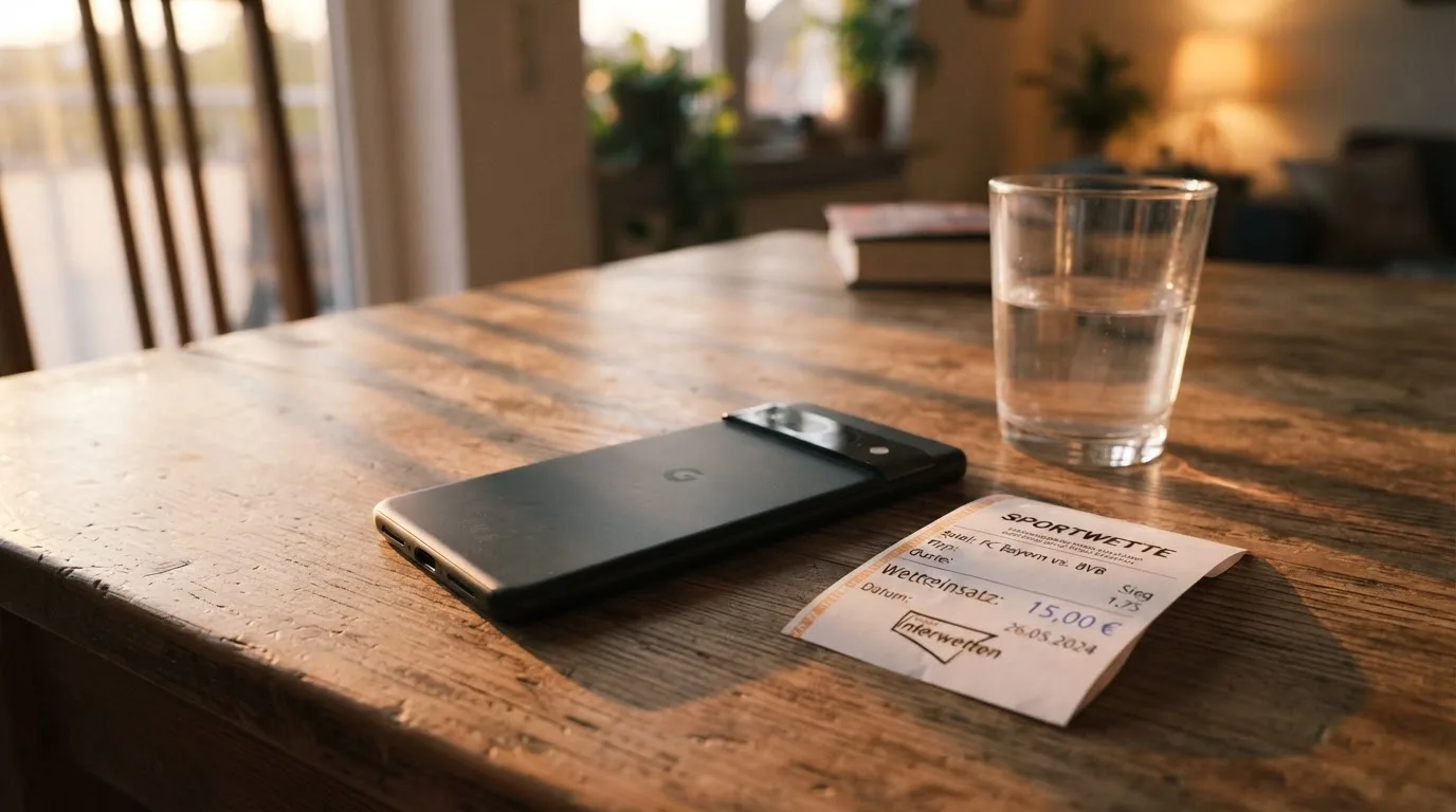 Ein Smartphone liegt mit dem Display nach unten auf einem Holztisch neben einem Glas Wasser, Abendlicht fällt durch ein Fenster.