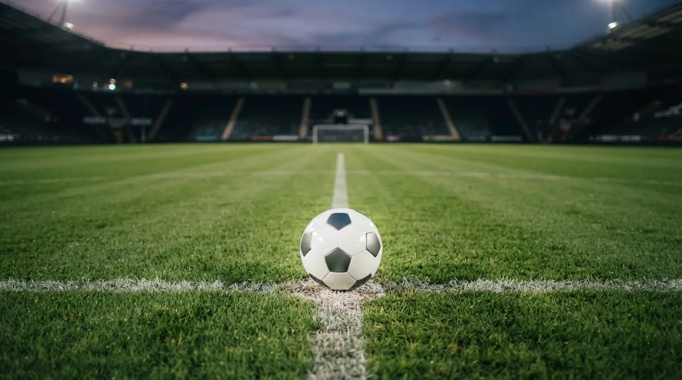 Ein Fußball liegt auf dem Anstoßpunkt eines leeren Rasenplatzes, dahinter ragen dunkle Ränge in den Abendhimmel.