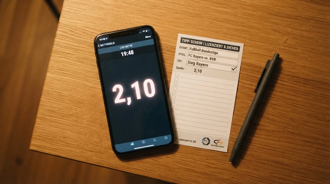 Ein Smartphone mit dunklem Display liegt neben einem leeren Papier-Wettschein und einem Stift auf einem Holztisch.