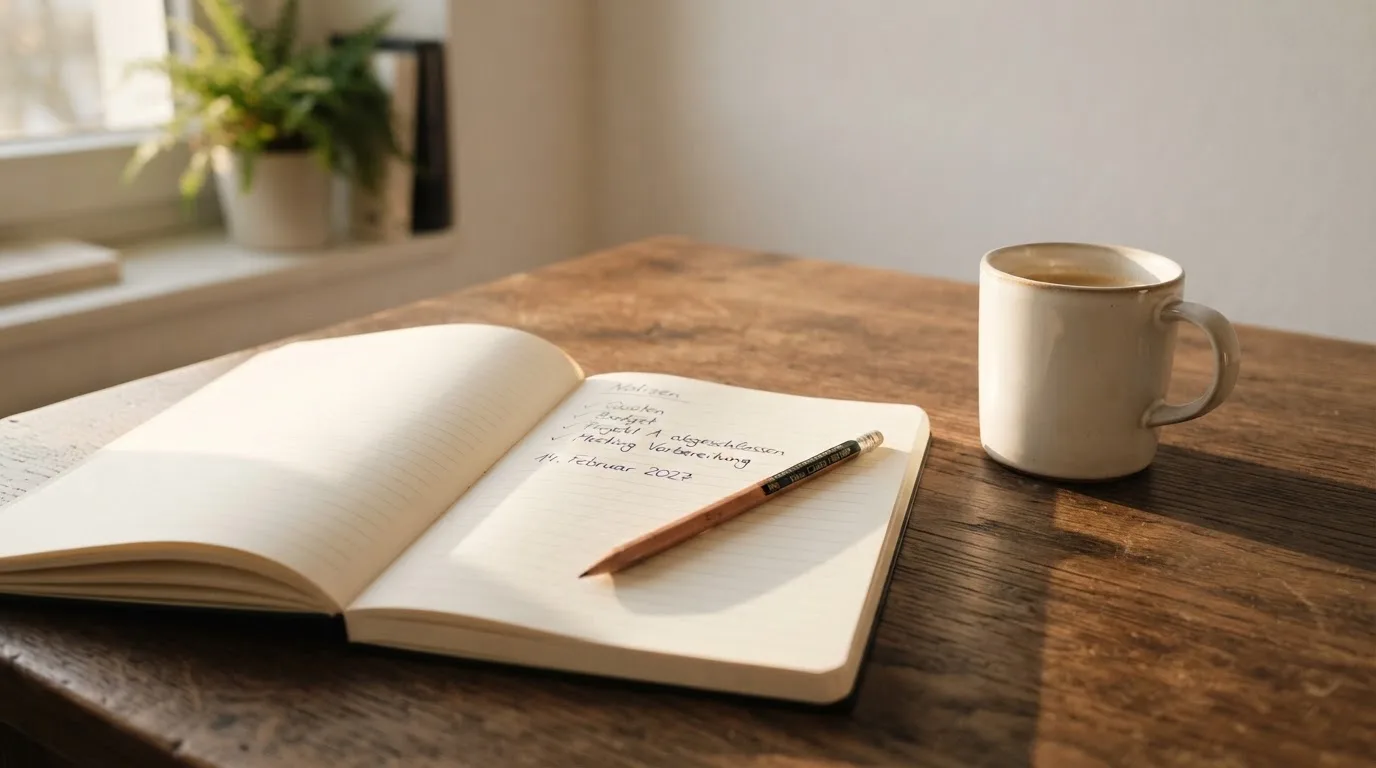 Ein Notizbuch mit handschriftlichen Notizen und einem Bleistift liegt auf einem Tisch, daneben steht eine Kaffeetasse im Morgenlicht.