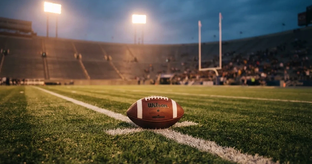 Ein American-Football-Ball liegt auf einem Rasenplatz unter Flutlicht, im Hintergrund eine große Tribüne in der Dämmerung.