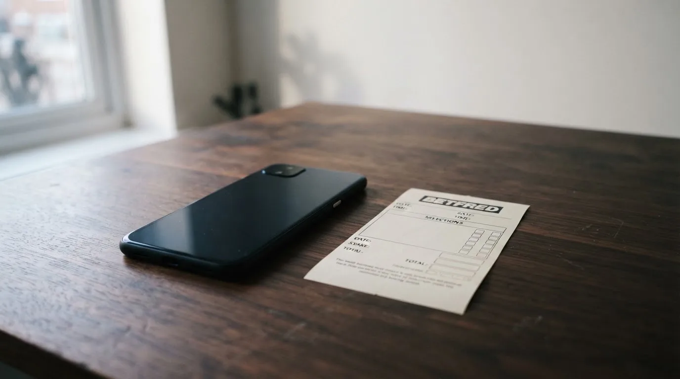 Ein Smartphone liegt mit dunklem Display auf einem Holztisch neben einem leeren Papier-Wettschein, Licht fällt von einem Fenster.