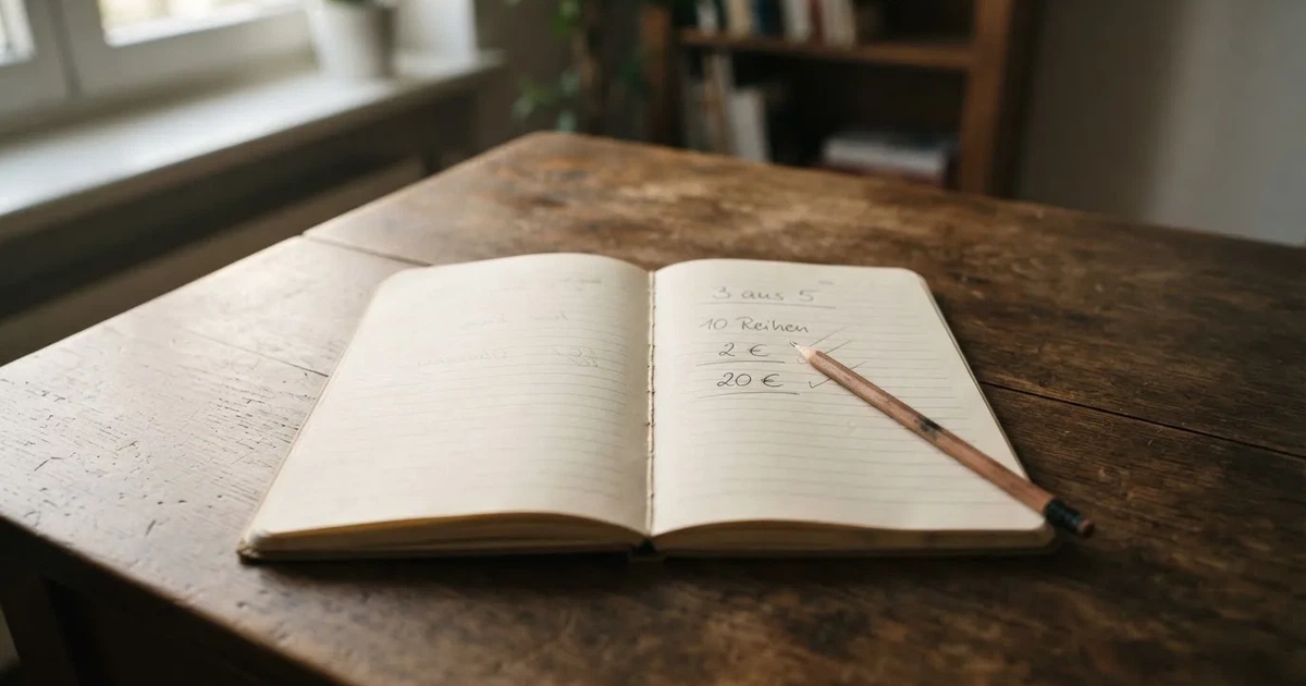 Ein Notizbuch mit handschriftlichen Notizen und einem Bleistift liegt neben einem Taschenrechner auf einem aufgeräumten Schreibtisch.