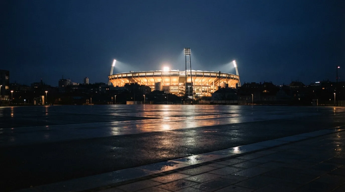 Ein Stadion unter Flutlicht von weitem betrachtet, davor ein stiller Platz bei Dunkelheit und feuchtem Asphalt.