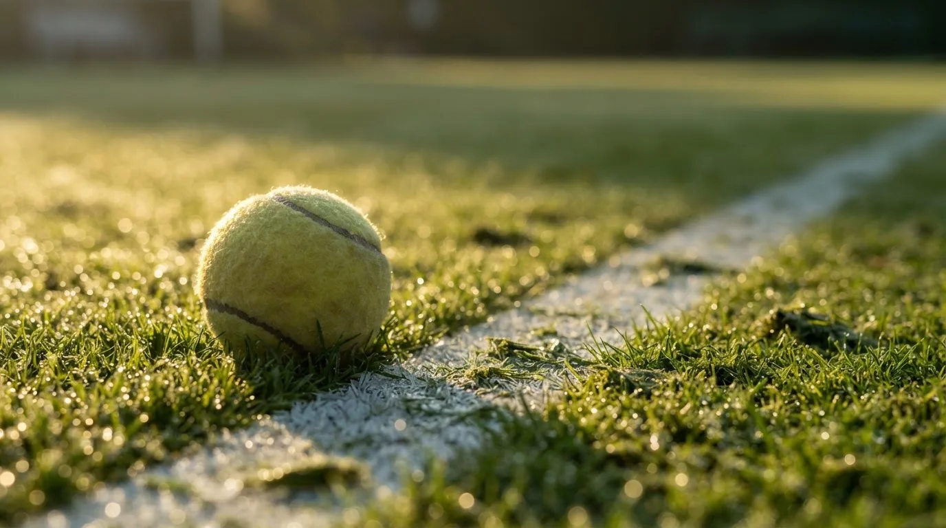 Ein Tennisball liegt auf frisch gemähtem Gras neben einer weißen Linie, Tautropfen glänzen im Gegenlicht.