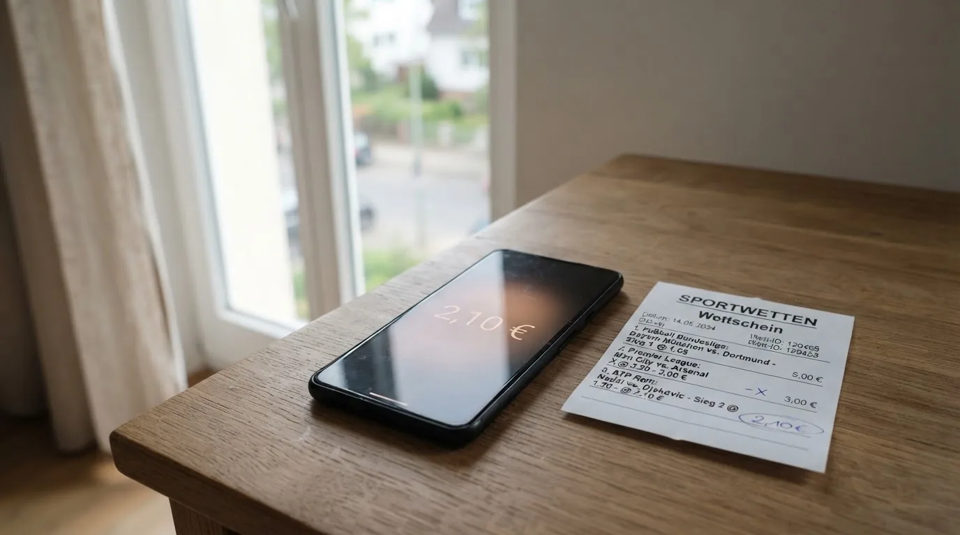 Ein Smartphone mit dunklem Display liegt neben einem leeren Papier-Wettschein auf einem Tisch am Fenster.