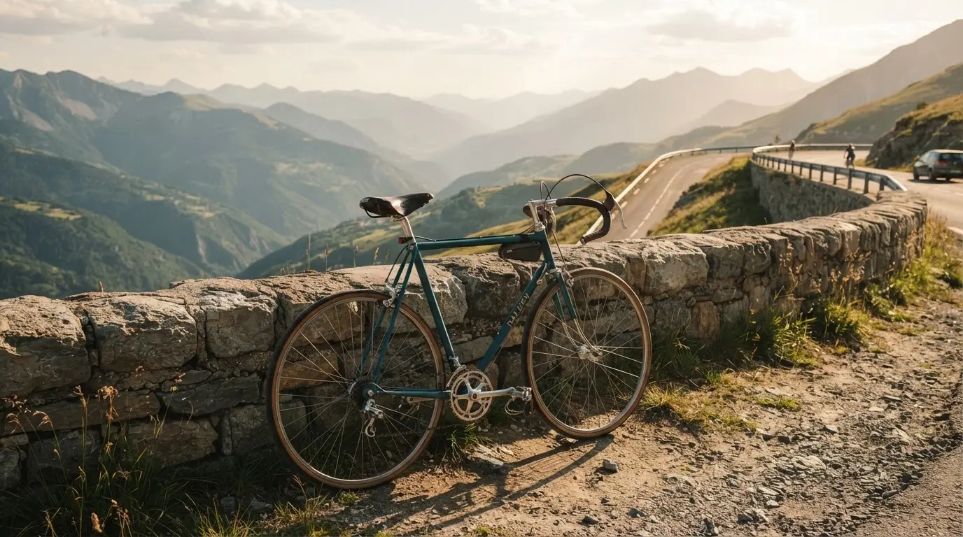 Ein Rennrad lehnt an einer Steinmauer in einer Bergkurve, im Hintergrund eine weite Hügellandschaft im Gegenlicht.