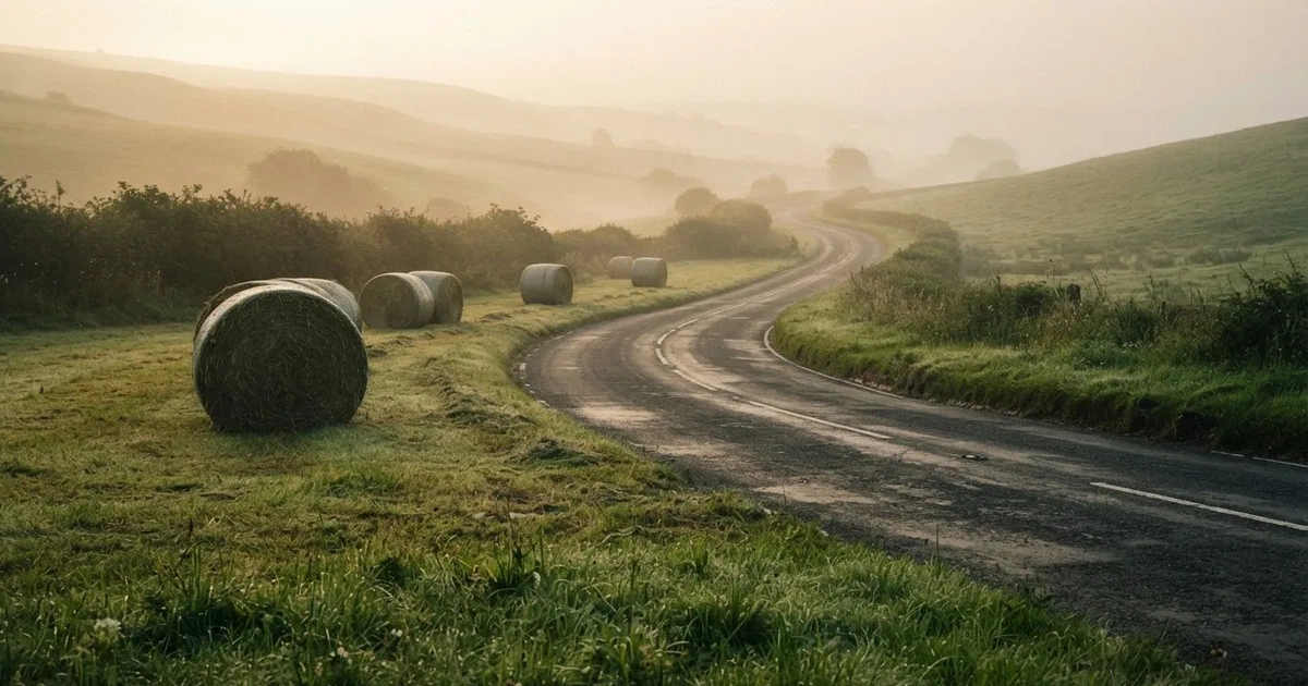 Eine Landstraße schlängelt sich durch Hügel im Morgennebel, am Straßenrand liegen Heuballen auf einem abgemähten Feld.