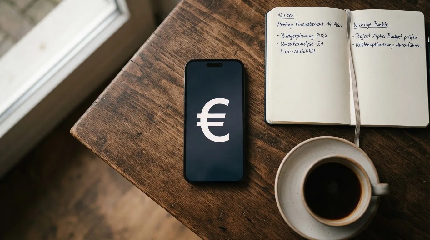 Ein Smartphone liegt auf einem Tisch neben einem Notizbuch mit handschriftlichen Notizen und einer Tasse Kaffee.