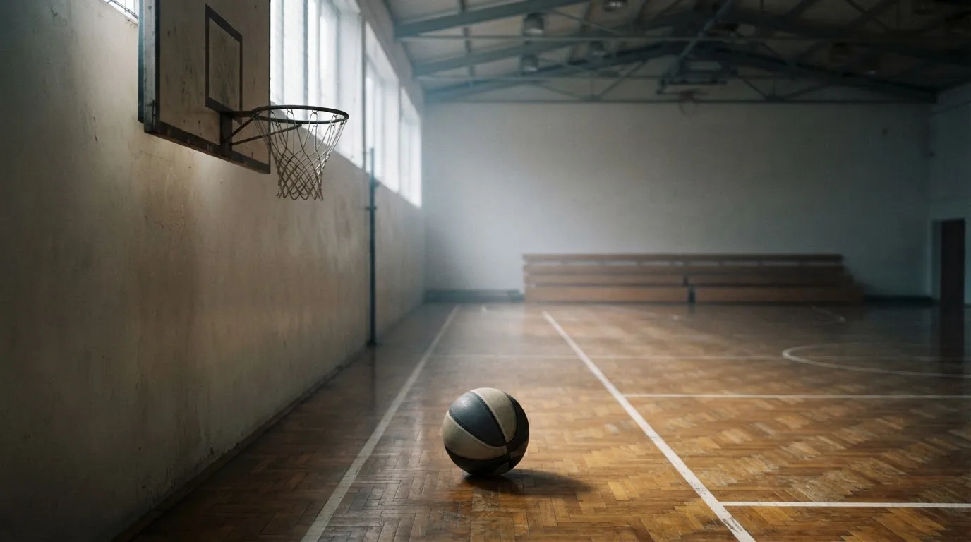 Ein Basketballkorb in einer leeren Halle, der Ball liegt unter dem Brett auf dem Parkett.