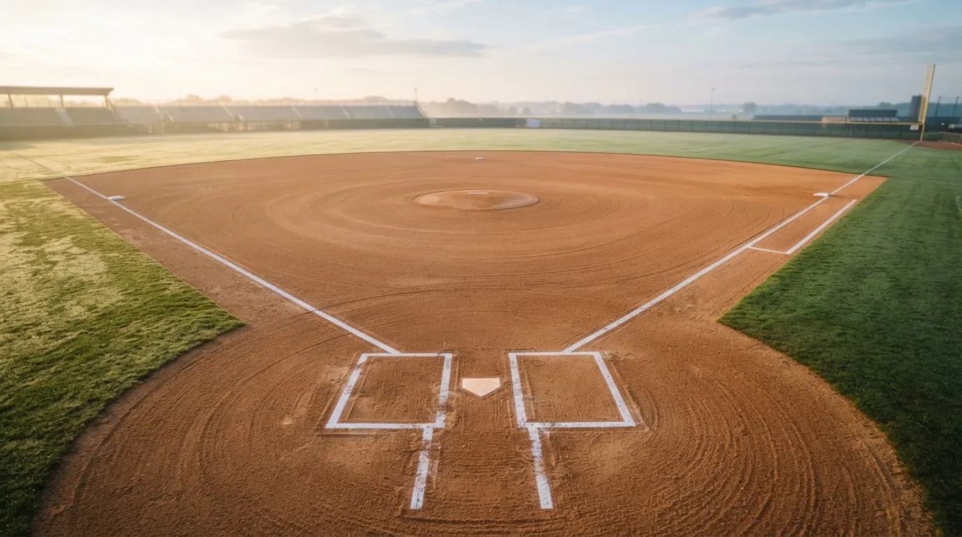 Ein Baseballfeld mit leerem Infield im Morgenlicht, die Linien frisch gezogen, keine Spieler im Bild.