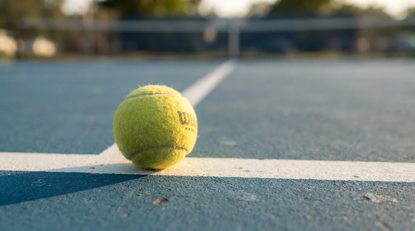Ein Tennisball liegt in Nahaufnahme auf einer Grundlinie, dahinter verschwimmt ein leerer Platz in warmem Licht.