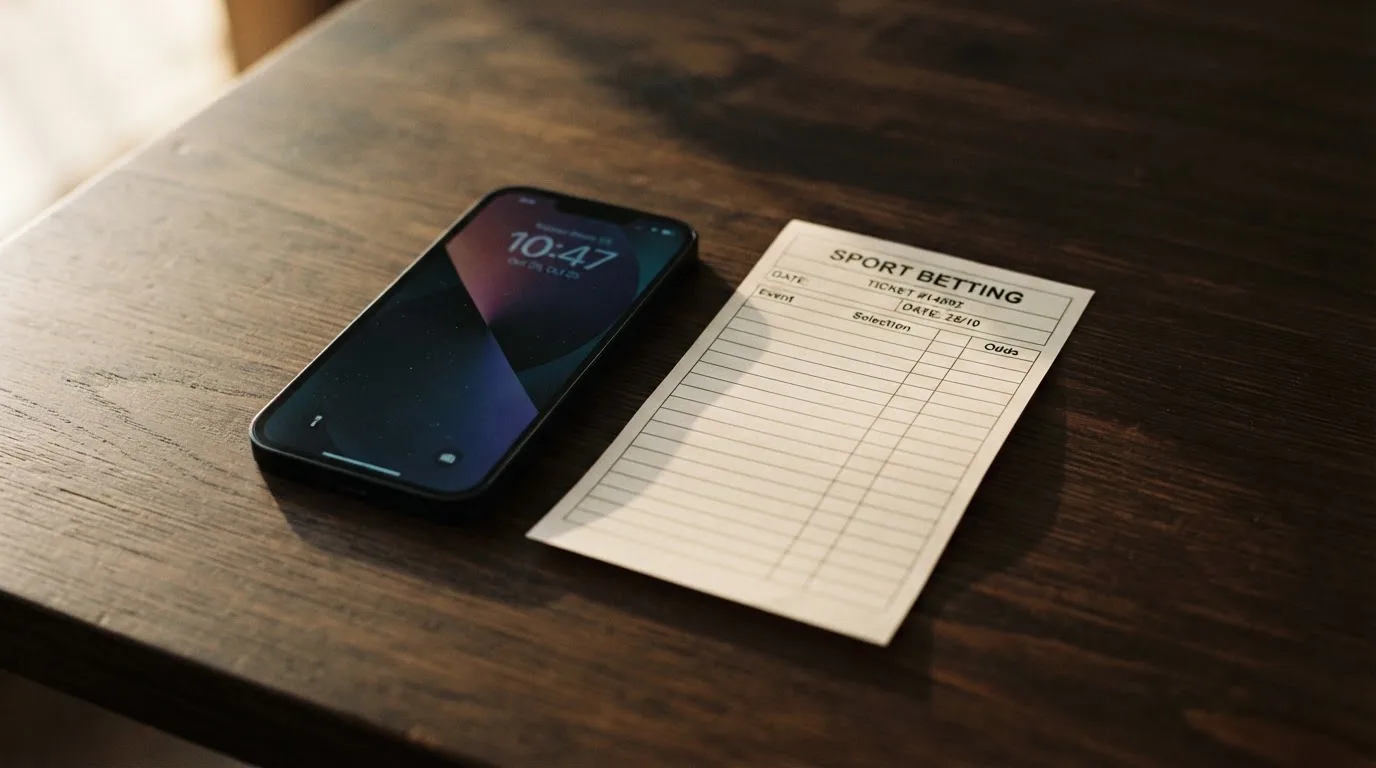 Ein Smartphone mit dunklem Display liegt neben einem leeren Papier-Wettschein auf einem Tisch, Licht fällt von der Seite.