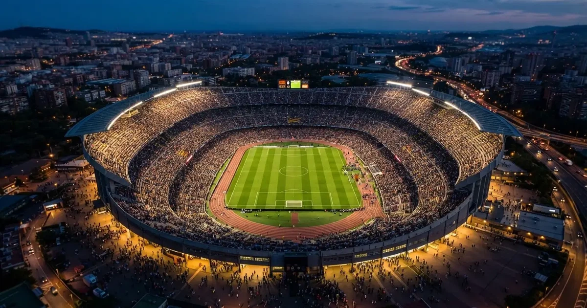 Ein riesiges Stadion in der Abenddämmerung aus der Vogelperspektive gesehen, die Lichter an den Rängen sind eingeschaltet.