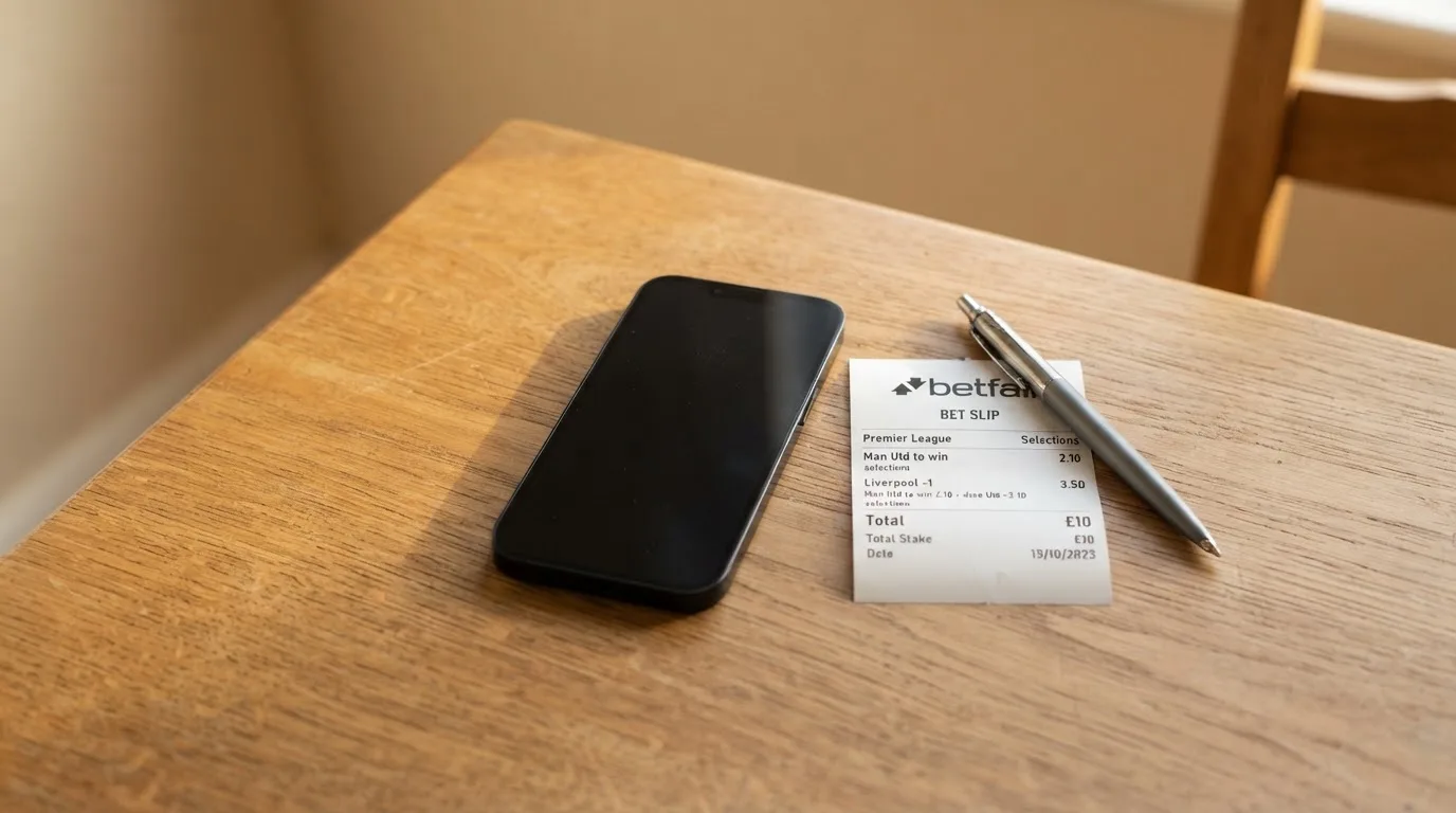 Ein Smartphone liegt mit dunklem Display neben einem leeren Papier-Wettschein und einem Stift auf einem Holztisch.