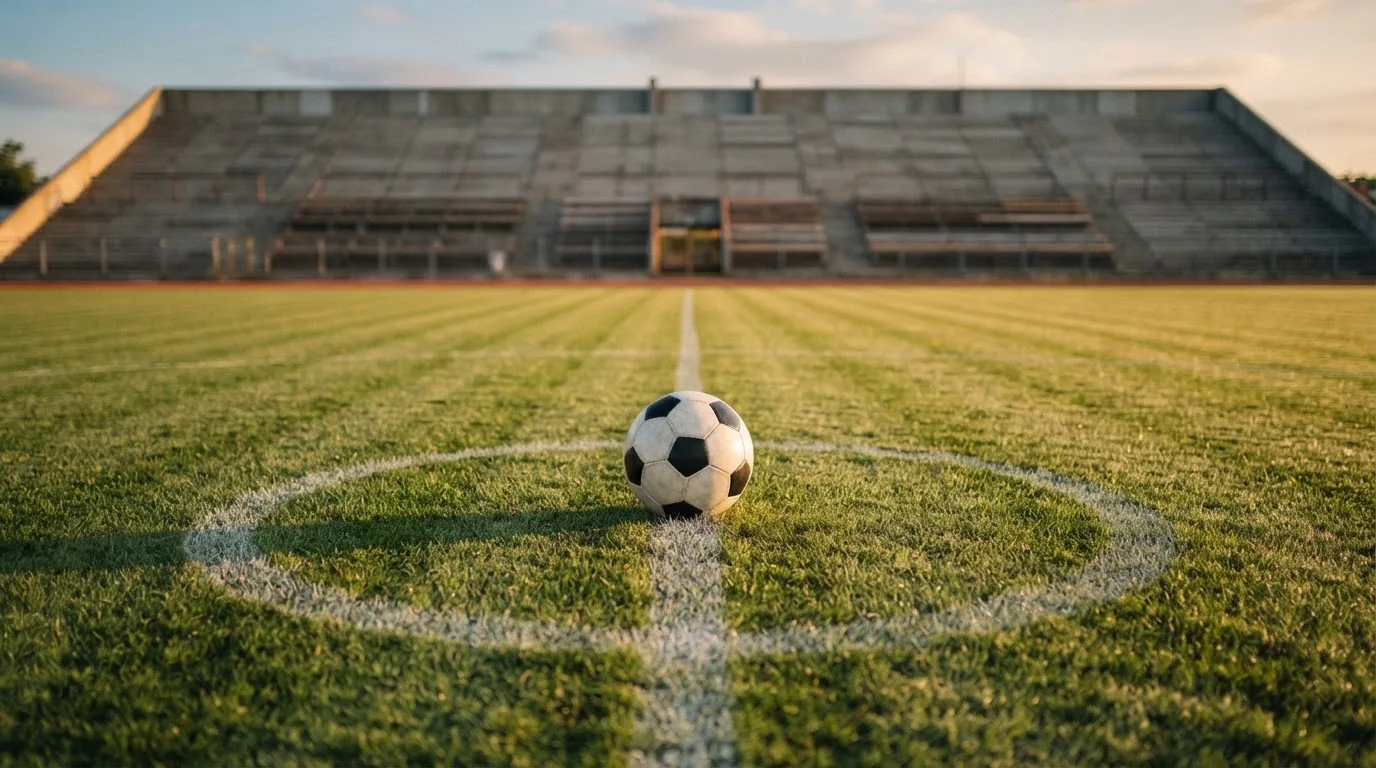 Ein Fußball liegt auf dem Anstoßpunkt eines Rasenplatzes, dahinter eine leere Tribüne im Abendlicht.