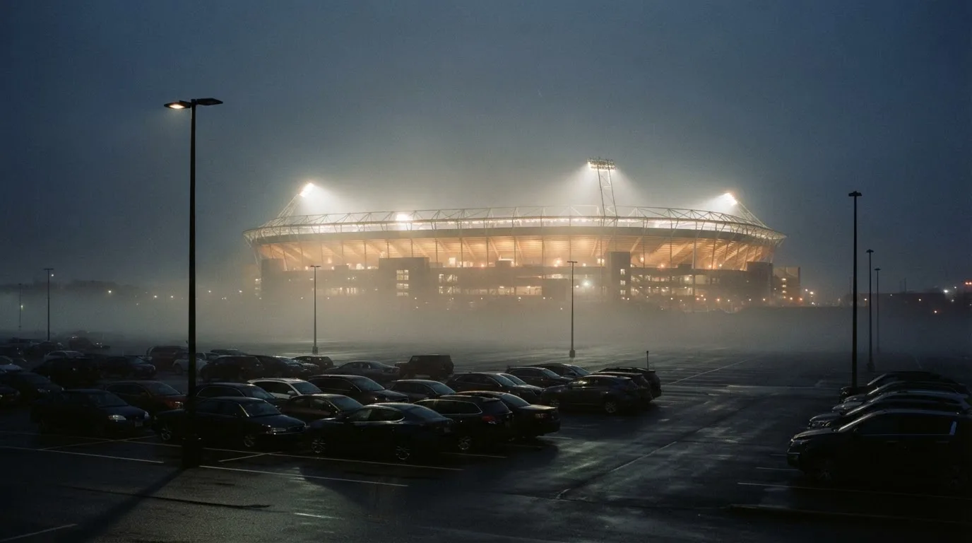 Ein Stadion unter Flutlicht aus der Ferne gesehen, davor ein stiller Parkplatz bei Nebel.
