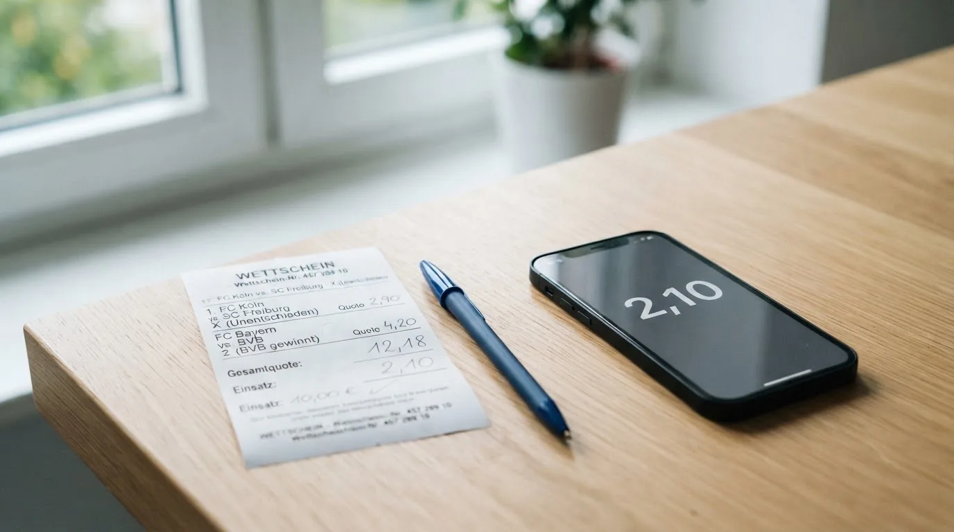 Ein leerer Papier-Wettschein und ein Kugelschreiber liegen neben einem Smartphone mit dunklem Display auf einem Schreibtisch am Fenster.