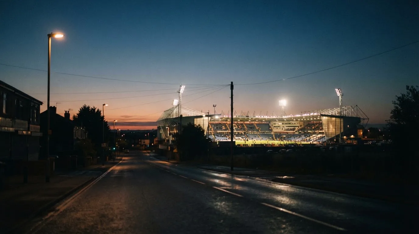 Ein Stadion unter Flutlicht aus großer Entfernung, davor eine leere Straße in der Abenddämmerung.