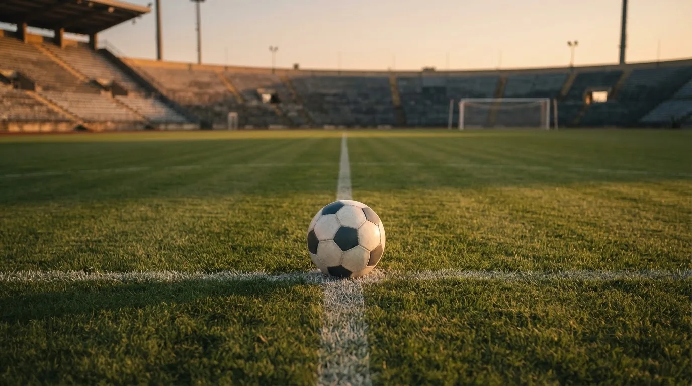 Ein Fußball liegt auf dem Anstoßpunkt eines Rasenplatzes, dahinter eine leere Tribüne im Abendlicht.