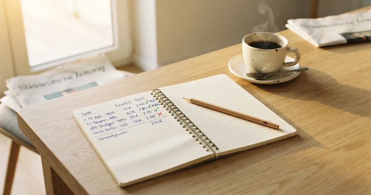 Eine Kaffeetasse, ein Notizbuch mit handschriftlichen Notizen und ein Bleistift auf einem hellen Schreibtisch am Morgen.
